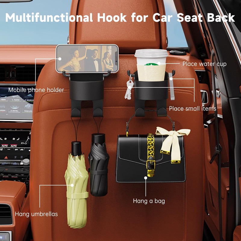 2 Pack Portable Seat Cup Holder with Hooks,Multi-functional Hook for