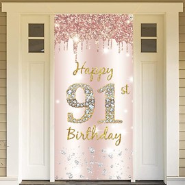 91st Birthday Decoration Women, Happy 91st Birthday Door Banner Rose Gold Fabric Sign Poster Door Decoration, 91st Birthday Background Banner Ladies, Birthday Party Welcome Sign