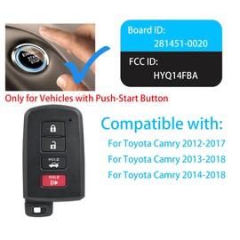 Smart Key Fob for Toyota Camry 2012-2017, Alliskeys Proximity Remote Control Key Fob Compatible for Toyota Camry Avalon Corolla 2013-2018 HYQ14FBA 89904-06140 281451-0020