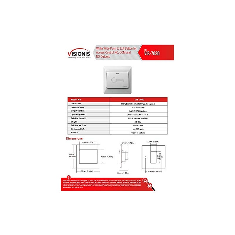 Visionis VIS-7030 White Wide Push to Exit Button Indoor Only
