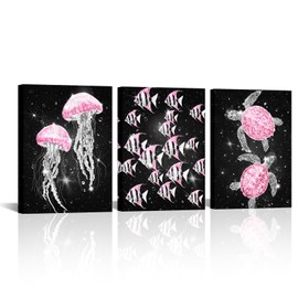 sechars Ocean Sea Life Wall Art Jellyfish Tropical Fish and Sea Turtles Pictures Modern Bathroom Nautical Decor (Pink)