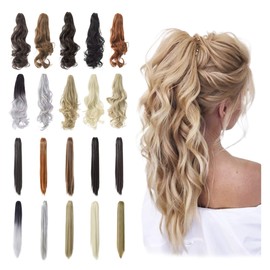 Qunlinta Ponytail Extension Hair Extensions Ponytail 18" 20" Claw Curly Wavy Ponytail Extension Straight Clip in Ponytail Extension Synthetic Hairpiece Ash Blonde Mix Light Brown