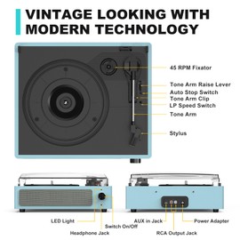 Vinyl Record Player with Speakers New Sleek Turntable for Vinyl Records Wireless Receiver 3 Speed 3 Size LP Vinyl Player for Vinyls AUX-in RCA Line LP Vinyl Players Auto Stop Blue