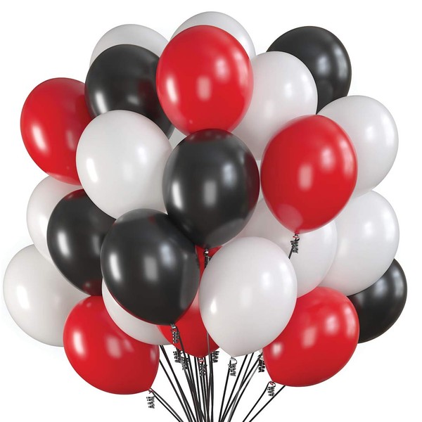 Prextex 75 Party Balloons 12 Inch Black, Red and White Balloons with Ribbon for Black Red White Color Theme Party Decoration, Baby Shower, Birthday Parties Supplies, Helium Quality