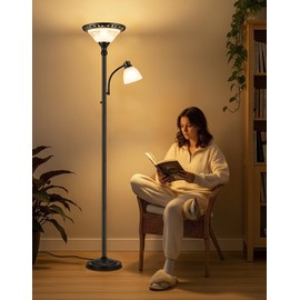 Torchiere Floor Lamps for Living Room with Child Light, 71" Tall Pole Standing Lamp with 2 Individual Switches, Adjustable Angle Reading Lamp with 3CCT Bulb, Vintage Floor Lamp with Thick Glass Shade