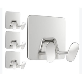 Adhesive Shower Hooks for Inside - Extra Sticky Stainless, Razor Holder Shower Accessories, Wall Mounted Self-Adhesive Double Hooks for Razor, Loofah, Towel, Shaver, Coat, Key, Silver, 4-Pack