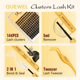 QUEWEL DIY Lash Extension Kit, 144pcs Lash Clusters with Lashes Bond and Seal Waterproof, Eyelash Clusters Applicator Tool, Cluster Lashes Glue Remover for Natural Look DIY At Home(ZS-FD-kit)