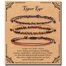 BONNY BOXX Handmade Natural Tiger Eye Bracelet Set, 4mm Healing Gemstone Beaded Bracelet with 2PCs Adjustable Braided Rope Bracelet for Men Women