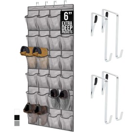 GORILLA GRIP Over the Door Shoe Organizer, 24 Extra Large Breathable Mesh Pockets, Space Saving Hanging Storage Holder, 4 Hook Closet Rack Hanger, Hangs on Closets for Shoes and Accessories, Gray