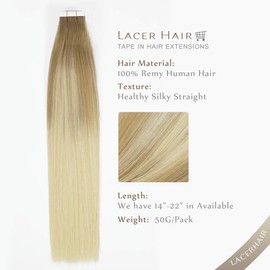 LacerHair Ombre Tape in Hair Extensions Human Hair Double Side Tape Seamless Skin Weft Light Brown #8 Balayage Platinum Blonde #60 16 Inch 50 Grams 20Pcs