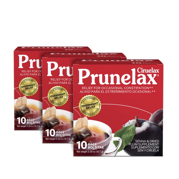 Prunelax Ciruelax Natural Laxative Regular for Occasional Constipation,Tea Bags, Prunes, Red, 13.5452 Oz, 10 Count, Pack of 3