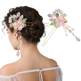Chinese Hair Sticks for Women Girls, Pink and White Flowers Hanfu Hair Pins with Tassel, Pearl Crystal Hair Accessories for Festival Party