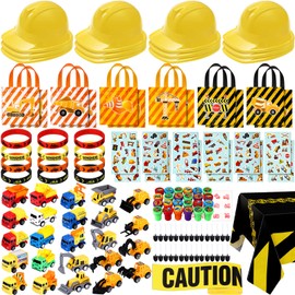148 Pcs Construction Birthday Party Supplies Include 12 Construction Hats, 24 Construction Toys, 12 Construction Stickers, 12 Silicone Bracelet, 12 Goodie Bag, 24 Stamps, 50 Shovels, Tablecloth, Tape