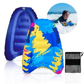 ZAMAS Kids Inflatable Surf Body Board with Handles and New Push-Button Valve, Lightweight Swimming Floating Surfboard Aid Mat Learn to Swim, Beach Safety Theme Surfing with Bonus Case (Multicolor)