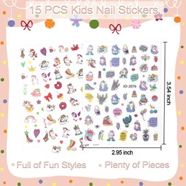 Allstarry Nail Stickers for Kids, 15 Sheets Kids Nail Stickers for Girls Self-Adhesive Nail Decals Cute Animal Rainbow Flower Heart Star Unicorn Sticker Birthday Christmas Gift