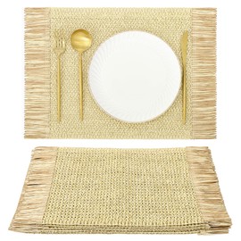 SHACOS - 4 manteles individuales de papel con borlas bohemias de 12 x 18 pulgadas, estéticos naturales, rústicos, para cena, boda, fiesta, playa, granja, decoración de mesa, color crema y dorado