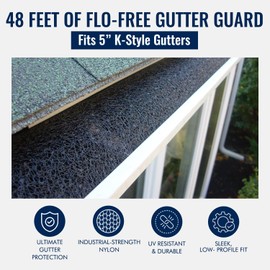 Flo-Free Leaf Guard -Gutter Coverage System for 5” K-Style Residential Gutters. Easy-to-Install Gutter Guard with Maximum Debris Control -Rain Gutter Covers Prevent Clog & Water Overflow -48ft per Box