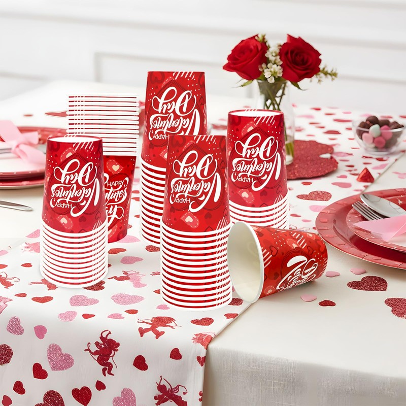 50 PCS Valentines Paper Cups 9oz Red Heart Design Disposable