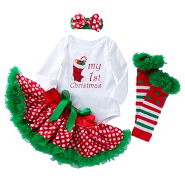 4Pcs Newborn Baby Girls Christmas Outfit Headband Romper Tutu Dress Leg Warmer Set for Baby Girl 0~24 Months (6~12 Months, Green Sock)