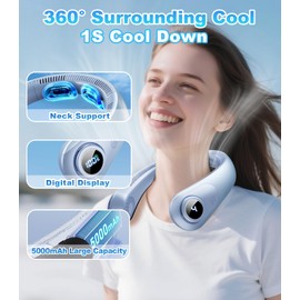 Portable Neck Fan With LED Display, Hands-free 5 Speeds Cooling, Neck Support, Lightweight, Battery Operated, Personal Bladeless Fan Rechargeable, Gift for Women Men, Hot Flashes, Travel, Camping