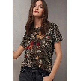 Johnny Was Penelope Shirt Leopard Brown Relaxed Top Butterfly Tee Embroidery NEW - Large