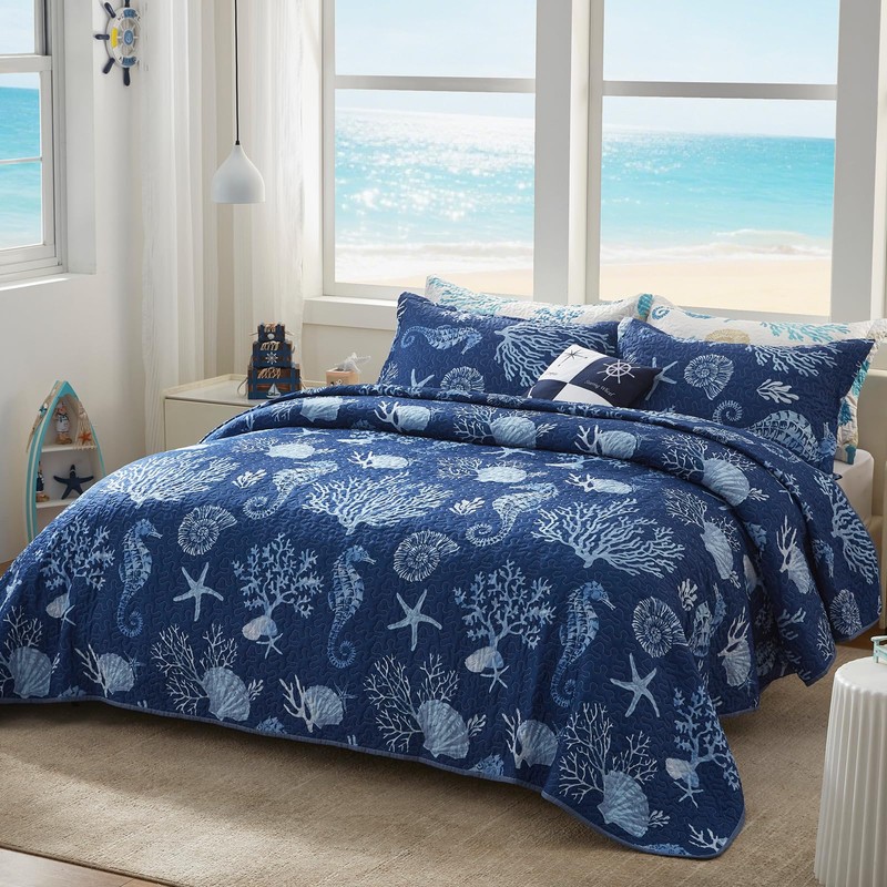 LEAONME Coastal Quilt Set King Size - Lightweight Microfiber Reversible