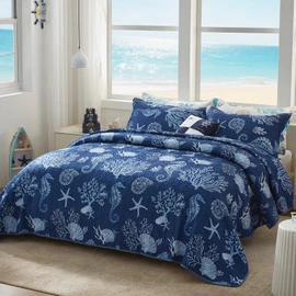 LEAONME Coastal Quilt Set King Size - Lightweight Microfiber Reversible Bedspread, 98''x106'', Navy, Includes 2 Shams
