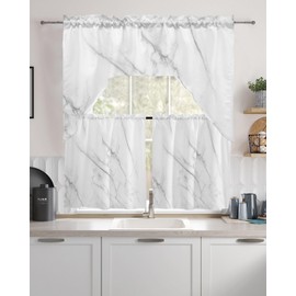 Marble Swag Curtains Valance and Tier Set,White Gray Crack Rod Pocket Kitchen Curtains Swag Valance Tier,Modern Abstract Ink Agate Art Light Filtering Window Treatment for Bedroom Living Room