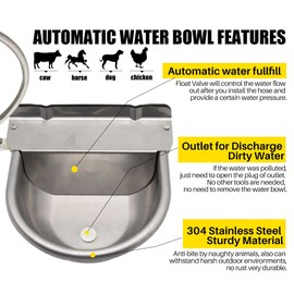 Automatic Animal Drinking Water Bowl with Drain Hole, Float Valve, 304 Stainless Steel Water Bowl for Dog Goat Cowl Chicken Animals, with Hose, Brush, Quick Connector Adapter, Countersunk Bolts