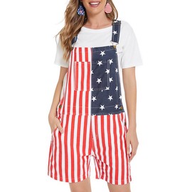 Odefou 4th of July Women American Flag Overalls Stretch Denim Coveralls Shorts Couples Outfits, Gifts for Mom - Colour: American Flag, Size: L, Fit Type: Women