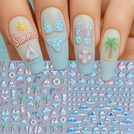 IDDFEVE Embossed Summer Nail Art Stickers - 5D Beach Palm Tree Self-Adhesive Nail Decals for DIY Coconut Fish & Wave Manicure (2 Sheets)