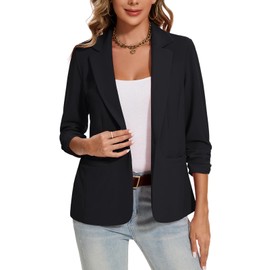 MINTLIMIT Blazer for Women 3/4 Ruched Sleeve Lapel Button Suit Jacket Casual Work Office Bussiness Blazer with Pockets Outerwear,Black,M