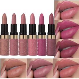 6 Pcs Brown Nude Pink Purple Red Lipstick Matte Sets,Light to Dark Velvet Lipstick for Women Long Lasting Waterproof 24 Hours Lip Stick Lip Stain Makeup Gift Sets,labiales mate 24 horas originales