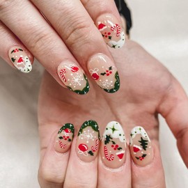 Christmas Press on Nails Short Almond Fake Nails with Snowflake Candy Canes Designs Green French Tip Nails Press ons Glossy Glue on Nails White Acrylic Nails Nude Stick on Nails for Women 24Pcs