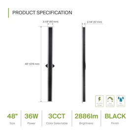 ASD LED 48 Inch Long Flush Mount Wall Light Fixture | 36W 2800LM 3000K-5000K 100-277V | 3CCT, Dimmable, Waterproof, Narrow Style, ETL Listed | Linear Outdoor Sconce, Exterior Porch Lighting | Black