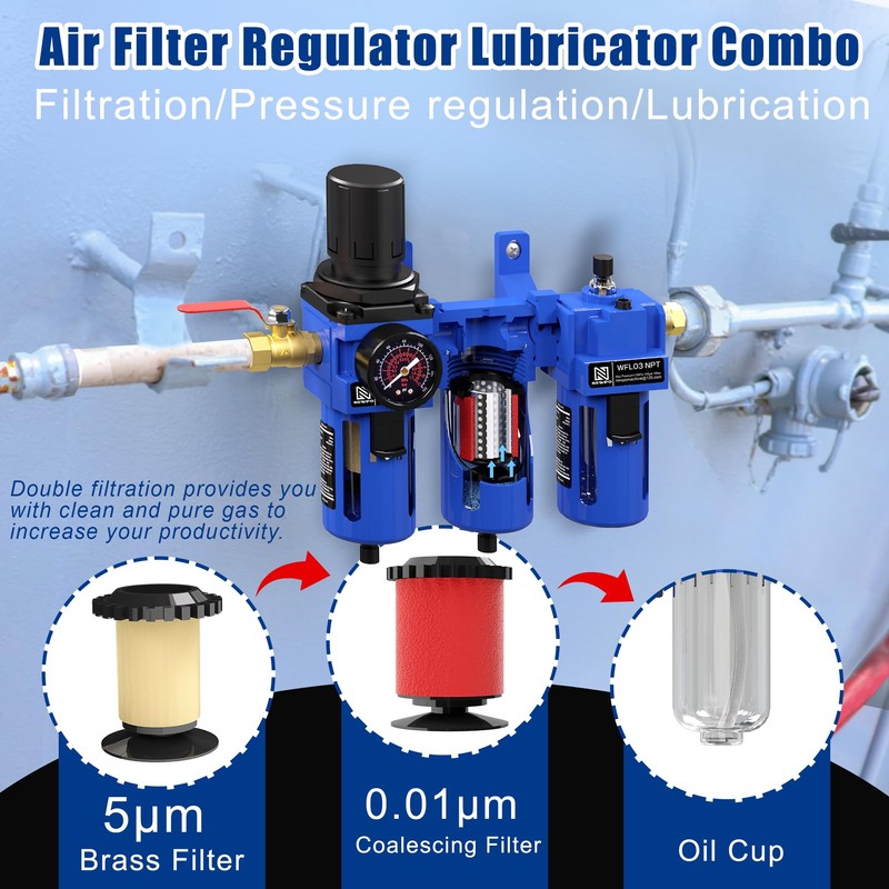 NEWPO 3/8'' NPT Compressed Air Filter Regulator Lubricator Combo Water/Oil