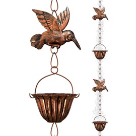 INNOWARMER 8.8ft Rain Chains for Gutters Outside, Rain Catcher Chain with 6 Metal Cups & Hummingbird Decor, Adjustable Hanging Rain Hutter Chain Downspout Substitute for Garden Drainage & Eaves