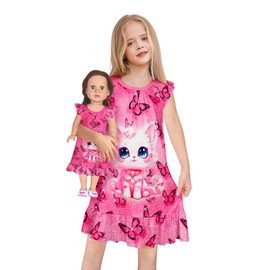 LQSZ Matching Doll and Girls Nightgowns Pink Cat Flutter Short Sleeves Nightie Pajamas for Girls & 18" Dolls Clothes 7 8t
