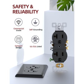 AIDA 20 Amps Outlets Duplex Electrical Receptacle Outlets, Electrical Outlet, 20Amp 125V Heavy-Duty,Wall Plate Included,Residential, 3-Wire, Self-Grounding, UL Listed, Side Wire (10 Pack, Black)