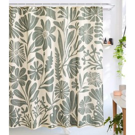 RoomTalks Vintage Floral Faux Linen Shower Curtain for Bathroom in Beige and Greenish - 210GSM Heavy Duty Modern Farmhouse Matisse Flowers Plants Botanical Shower Curtain Set Aesthetic Bathroom Decor