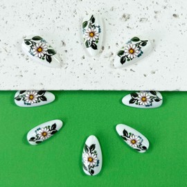 Flower Press on Nails Long Almond Fake Nails with Spring Daisy Flower Design Green Leaf False Nails White Flowers Glue on Nails Spring Floral Artificial Stick on Nails for Women Girls 24PCS