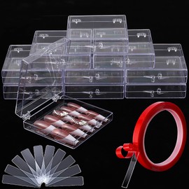 Noverlife 10PCS Press On Nail Storage Box, 2.6x2.6 inch / 6.5x6.5cm Clear Empty Plastic Nail Tips Storage Box with Arcylic Nail Display Sticks, Nail Glue Double Sided Tape for Press on False Nail