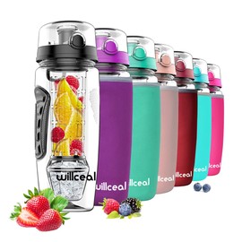 Fruit Infuser Water Bottle 32oz Durable with Detachable Ice Gel Ball,Large - BPA Free Tritan, Flip Lid, Leak Proof Design - Sports, Camping (Black)