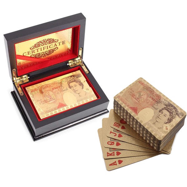 VIROSA 50 Pound Playing Cards | 24k Carat Gold Plated Poker Cards | Includes Deluxe Wooden Gift Box, Ideal for Family, Magic Party Game