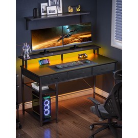 Rolanstar Computer Desk with Power Outlets & LED Light, 39 inch Home Office Desk with 3 Drawers and Storage Shelves, Writing Desk with Monitor Stand, Modern Work Desk for Home Office, Carbon Black