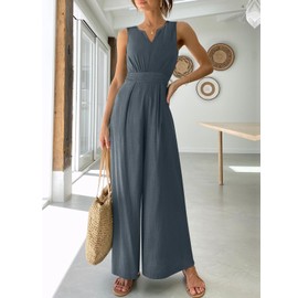 ANRABESS Jumpsuits for Women 2025 Summer Casual Dressy Linen Romper Sleeveless V Neck High Waist Wide Leg One Piece Outfits﻿ Grey Small