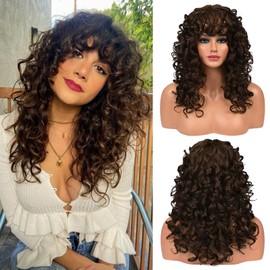 LONAI Curly Wig with Bangs for Women Long 23Inch Chocolate Brown Kinky Wigs with Wispy Bangs Curly Gorgeous Shag Synthetic Wig for Daily Use Party Cosplay