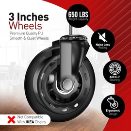 Office Chair Wheels Set of 5 - Smooth 3 inch Heavy-Duty Replacement Rubber Caster Wheels for Gaming & Desk Chair - Easy to Install, Suitable for Hardwood Floors, Carpet, Tiles, Carpet - (Black)