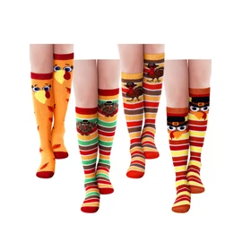 Breathffy 4 Pairs Thanksgiving Turkey Trot Running Socks Autumn Fall Knee High Running Long Striped Socks Turkey Race Gear Novelty Fall Animals for Women Men Autumn Gifts Holiday Costume