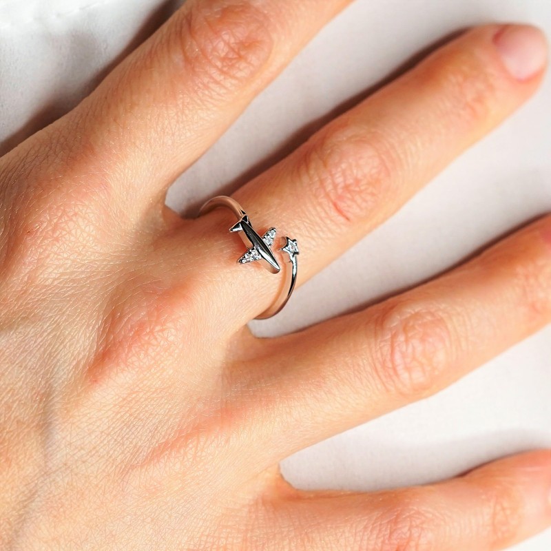 Adjustable 925 Sterling Silver Airplane Ring with Cubic Zirconia -